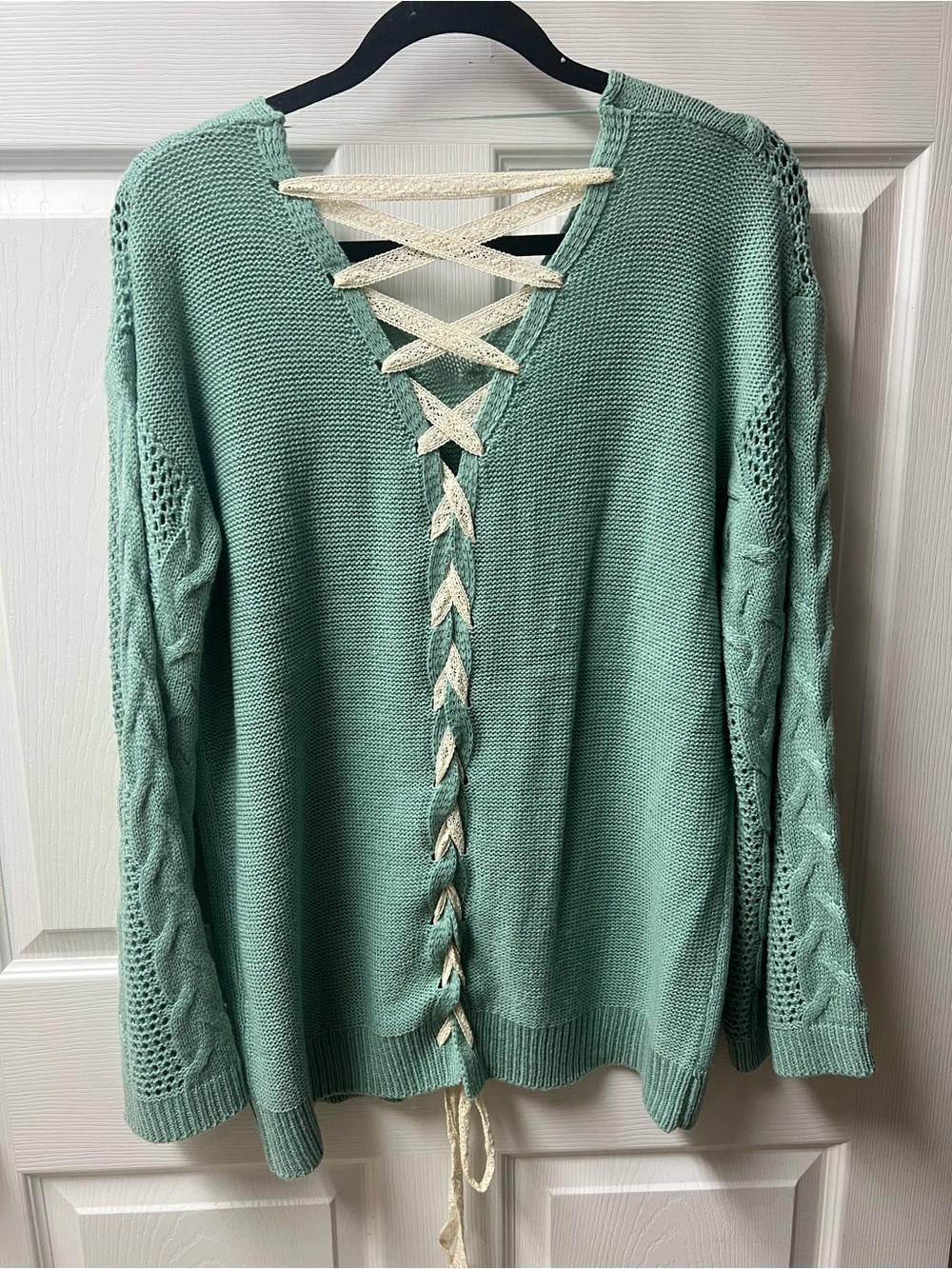 Kori Mint Green Cable Knit V-Neck Sweater - Picture 2 of 4